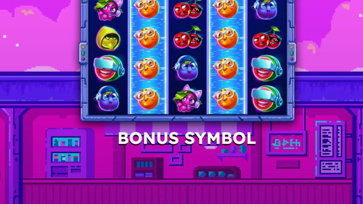 Tampilan visual retro arcade pada slot Frooty Troupe – Game On!
