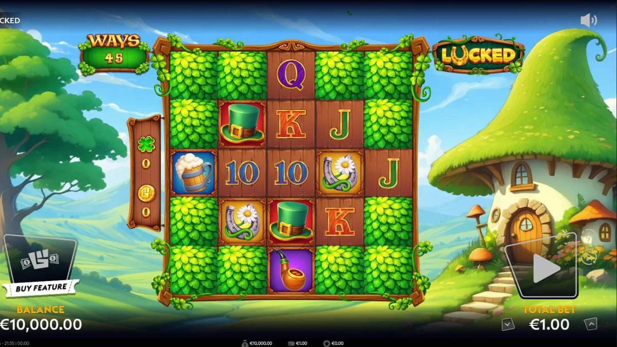 Tampilan visual slot Lucked dengan tema Leprechaun dan lembah hijau