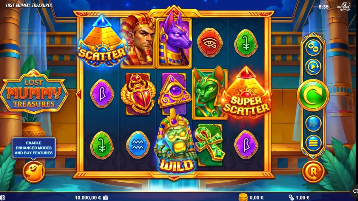 Tampilan visual slot Lost Mummy Treasures dengan nuansa kuil Mesir kuno yang mistis.